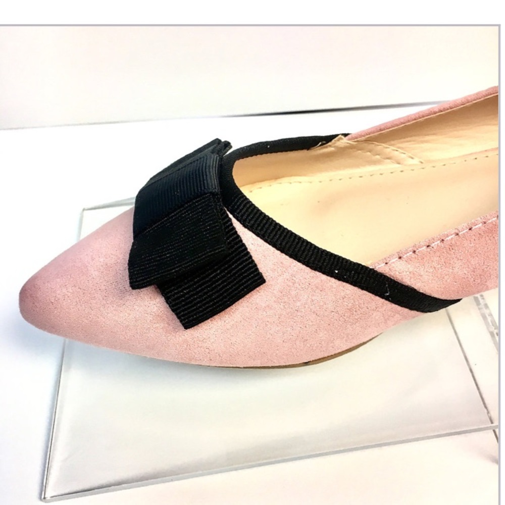 Pink Pointed Toe Flats with Black Bow - Faux Suede - Picture 4 of 7